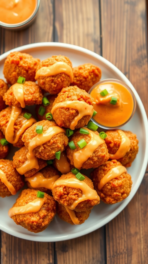 Crispy Bang Bang chicken bites with creamy sriracha sauce and green onions on a rustic table.